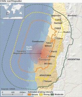 A február 27-ei földrengés által sújtott területek.